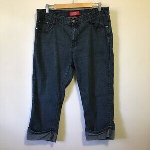 Cos Jeans Dark Navy Blue Ramie Cuffed Capri With Black Rhinestones Stamp